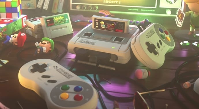 A CG image of a SNES console and a retro Sony TV