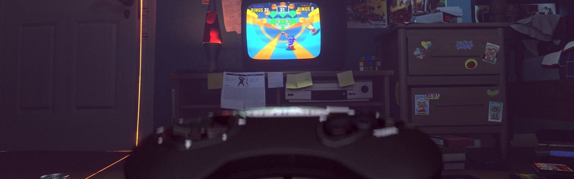 Sega Megadrive controller and Sonic the Hedgehog 2 in dark room