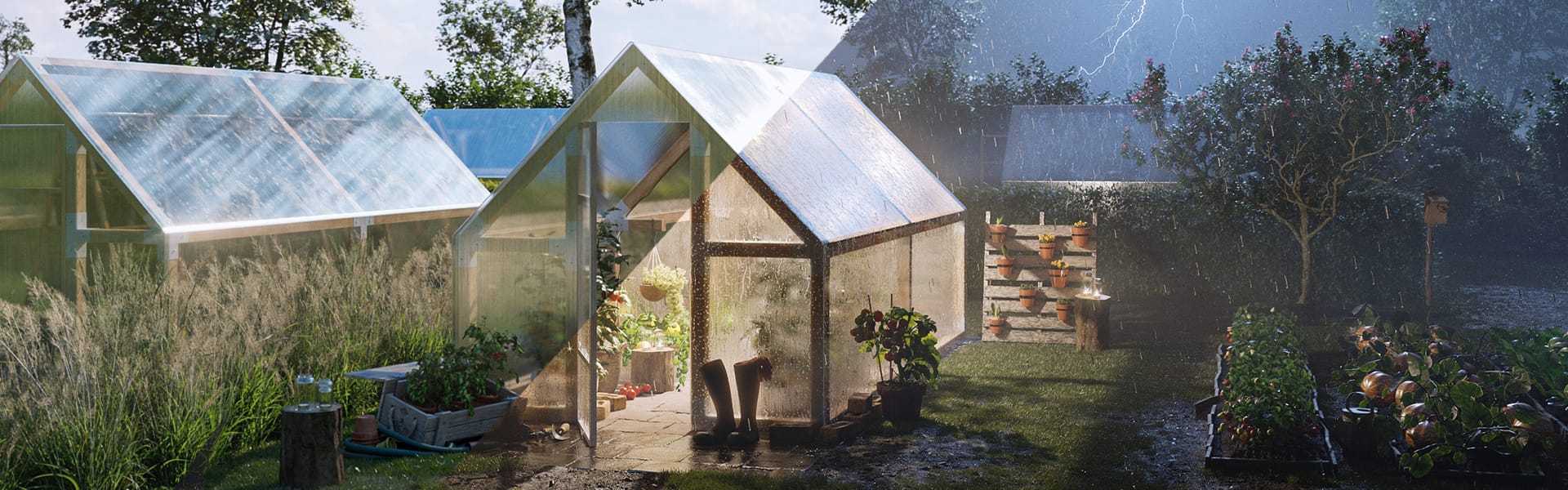 A sunny and stormy greenhouse scene