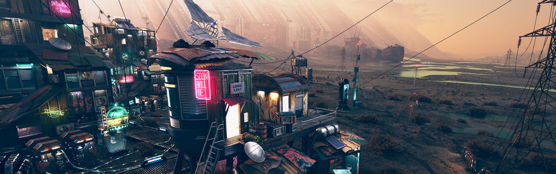 Dystopian city with neon signs and pylons