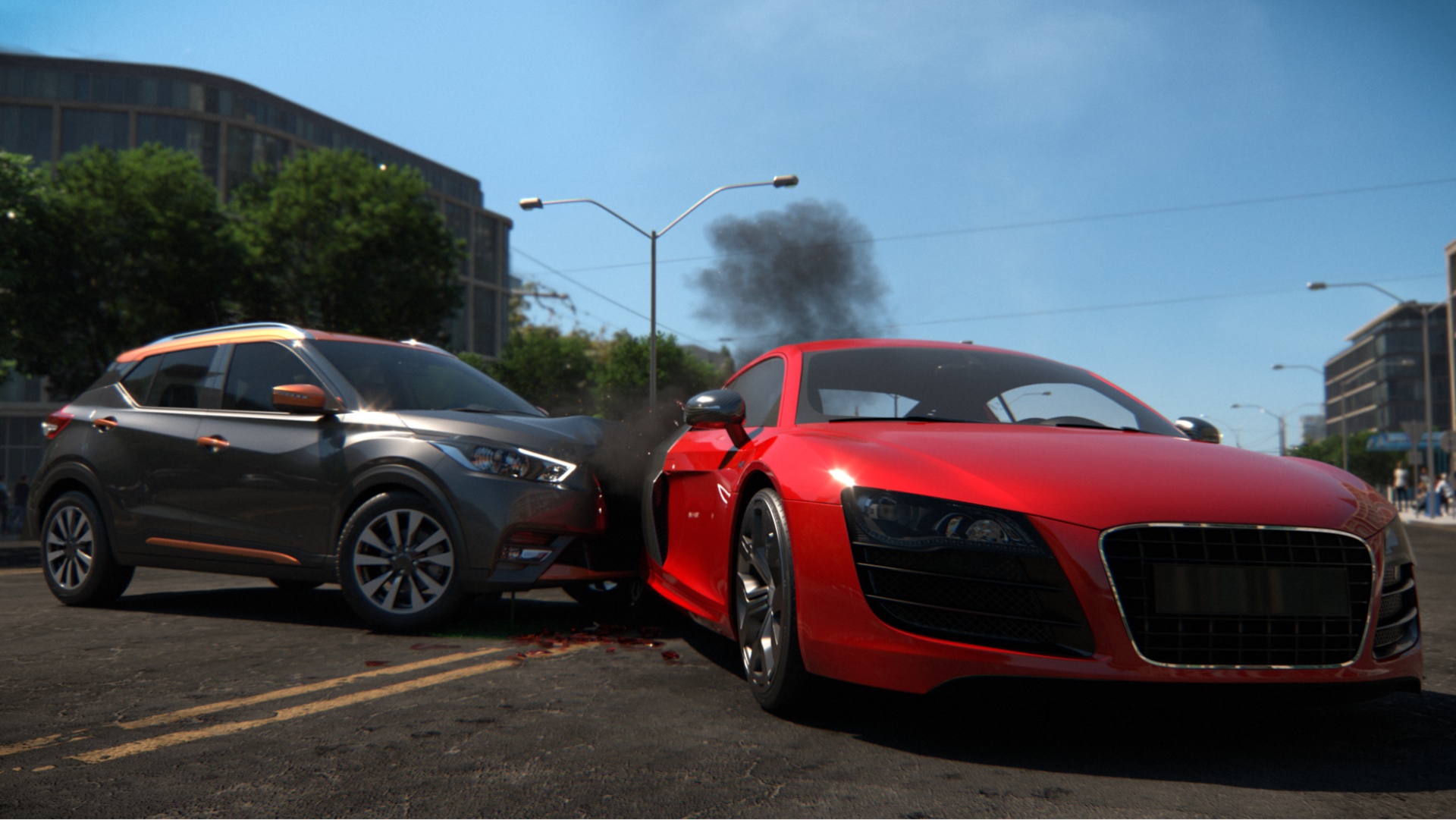 A metallic gray car crashes into a red car on a suburban street