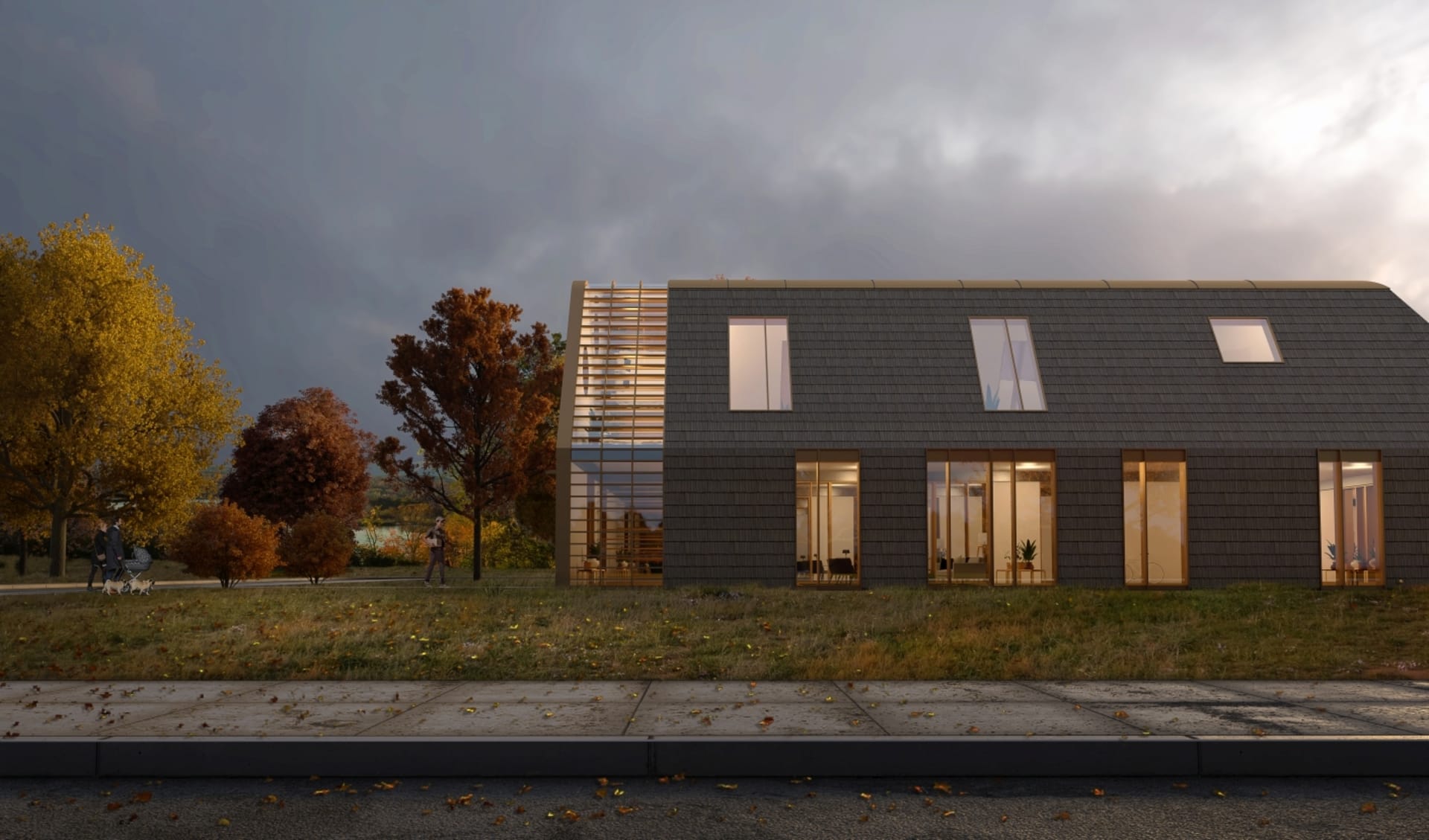 Wooden housing with a sidewalk and grass