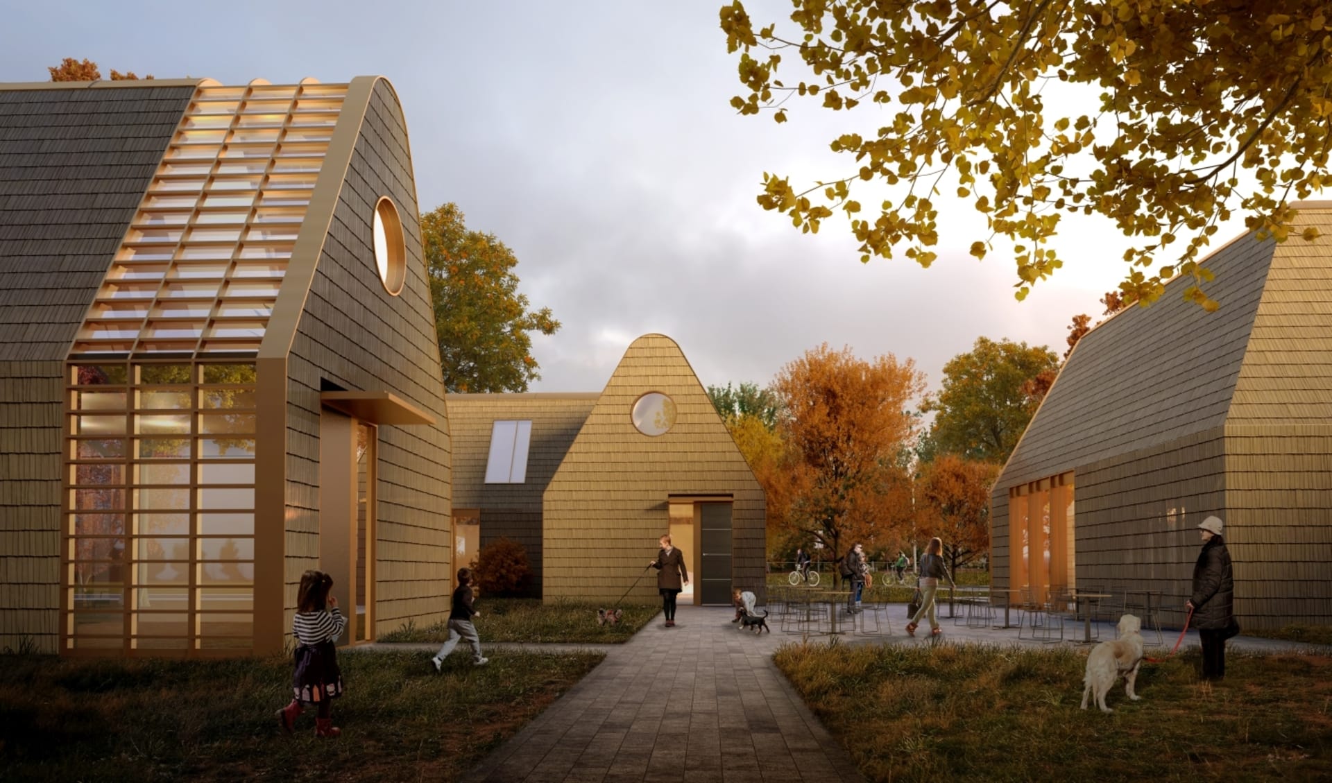 Wooden communal housing with autumnal trees